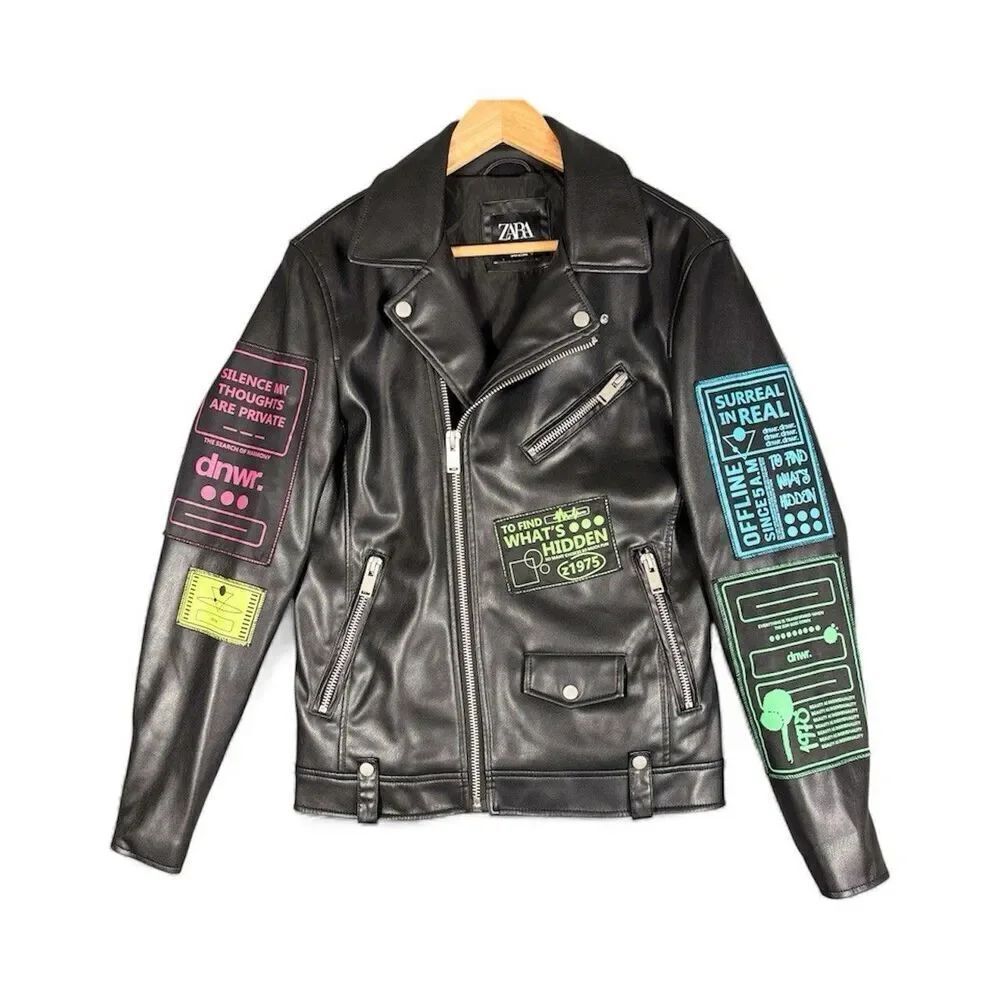 ZARA Sz S Men Faux Leather Patch Digital Expression Black Bike Moto Racer Jacket